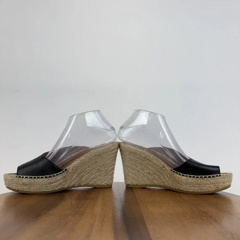 Womens Andre Assous Catarina‎ Black Leather Espadrille Platform Wedges Size 8 M
